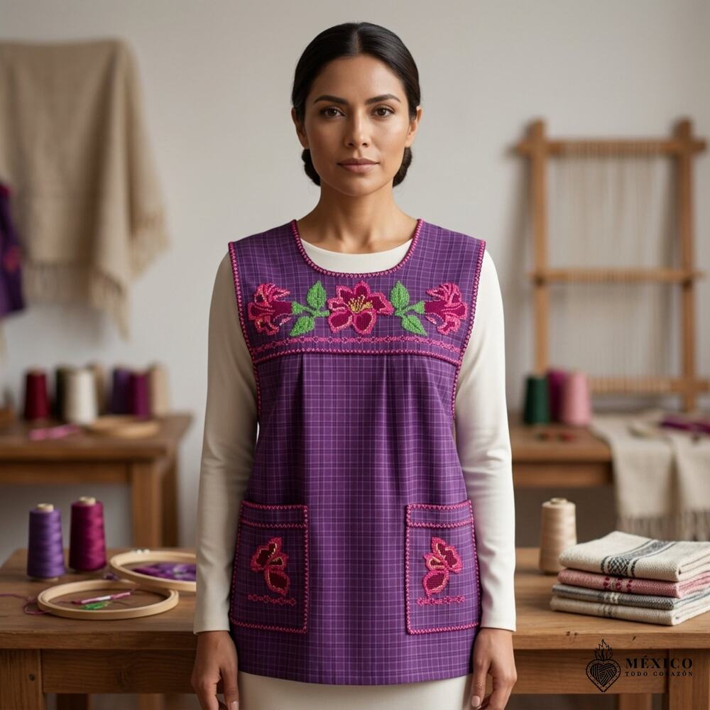 Traditional Mexican Cross-Stitch Embroidered Apron – Deluxe Artisan Smock Style